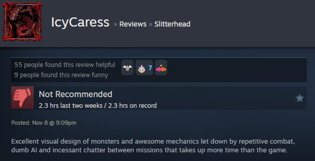 Screenshot showing a Steam user review of Slitterhead.